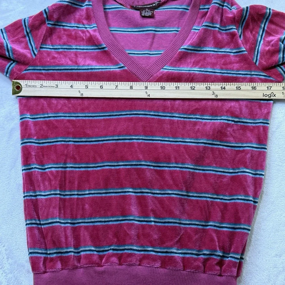 Vintage 70s California Ivy Velour Striped V Neck‎ Sweater Pink Medium